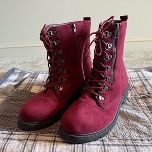Burgundy Lace-Up Zippered Combat Boots
